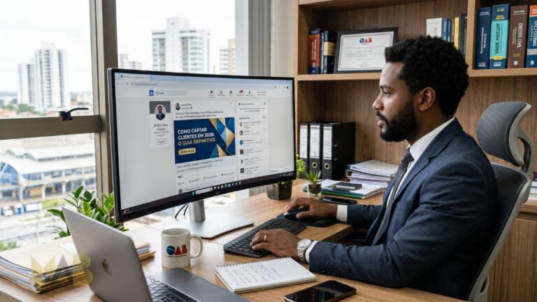 Advogado sentado em frente ao computador, estudando Como captar clientes na advocacia: guia completo 2026