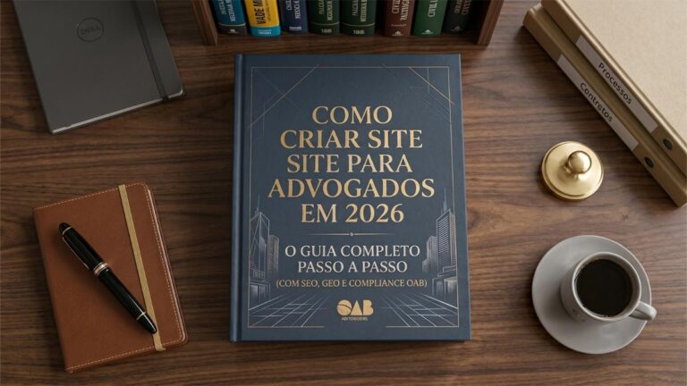 Livro em cima da mesa do escritório, na capa do livro o nome: Como criar site para advogados em 2026: o guia completo passo a passo (com SEO, GEO e compliance OAB)