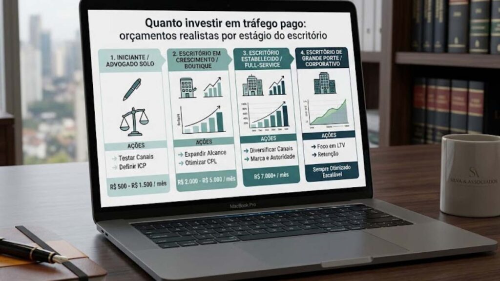 Quanto investir em tráfego pago: orçamentos realistas por estágio do escritório