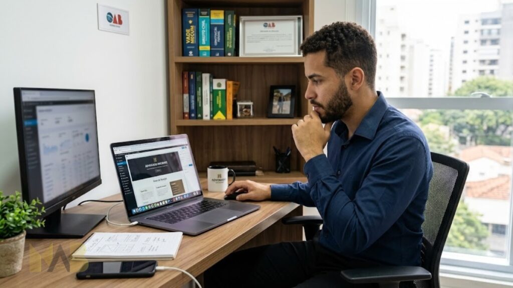 Advogado iniciante em frente ao computador construindo seu site jurídico profissional para atrair os primeiros clientes no Google