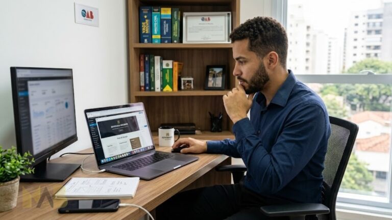 Advogado iniciante em frente ao computador construindo seu site jurídico profissional para atrair os primeiros clientes no Google