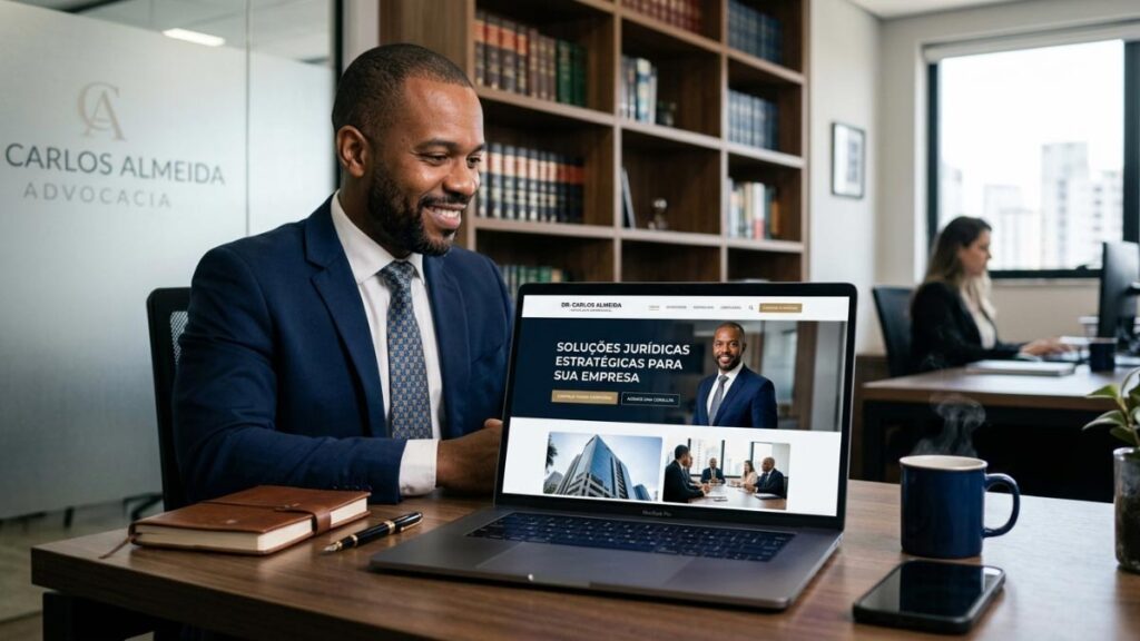 Advogado muito feliz em seu escritório, mostrando seu notbook com o seu site aberto ele conseguiu transformar seu site jurídico em uma máquina de gerar clientes