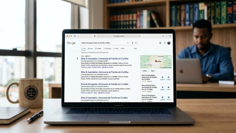 Computador mostrando a busca do Google representando o SEO local para advogados