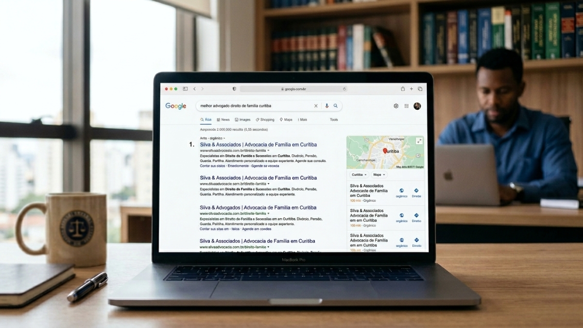 Computador mostrando a busca do Google representando o SEO local para advogados