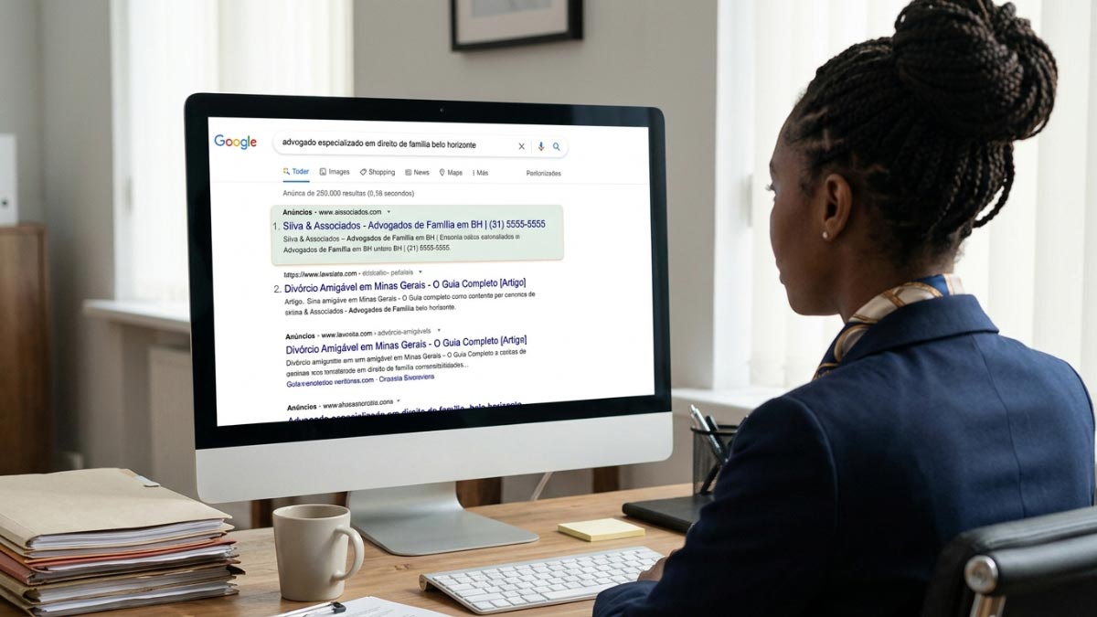 Advogada olhando para o PC planejando seu SEO para advogados