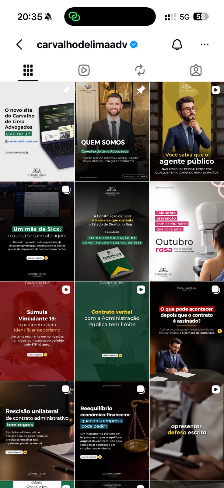 Feed de Instagram com artes de um escritório de advocacia