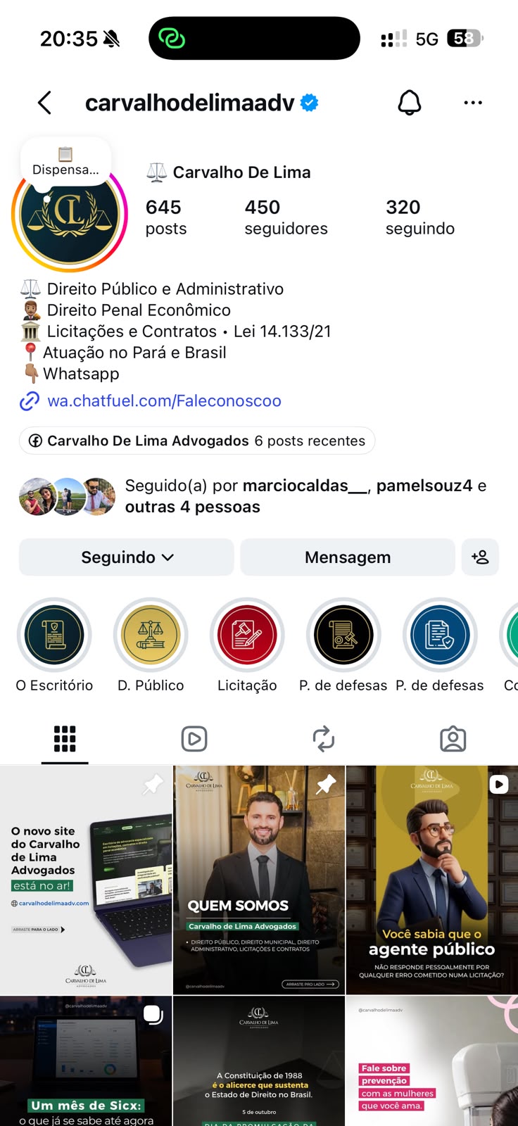 Perfil de advogado no Instagram, feed com publicações