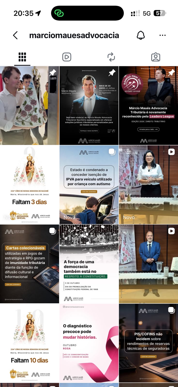Feed de Instagram com publicações de advocacia tributária