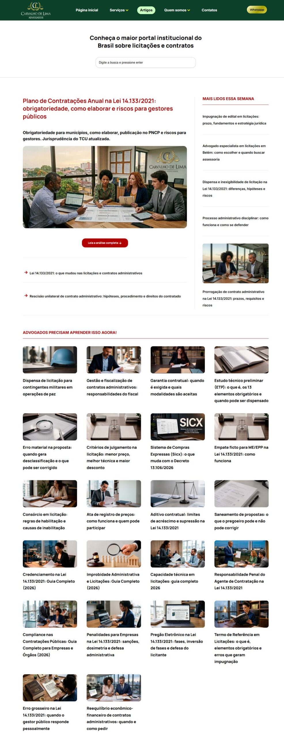 Layout completo do portal de artigos da Carvalho de Lima Advogados com a grade inteira de artigos publicados